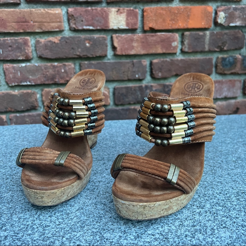 TORY BURCH 10.5 tan suede beaded wedge sandal